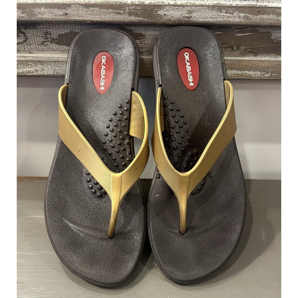 OKABASHI Women's Flip Flop Thong Sandals Brown‎ and Gold Size M